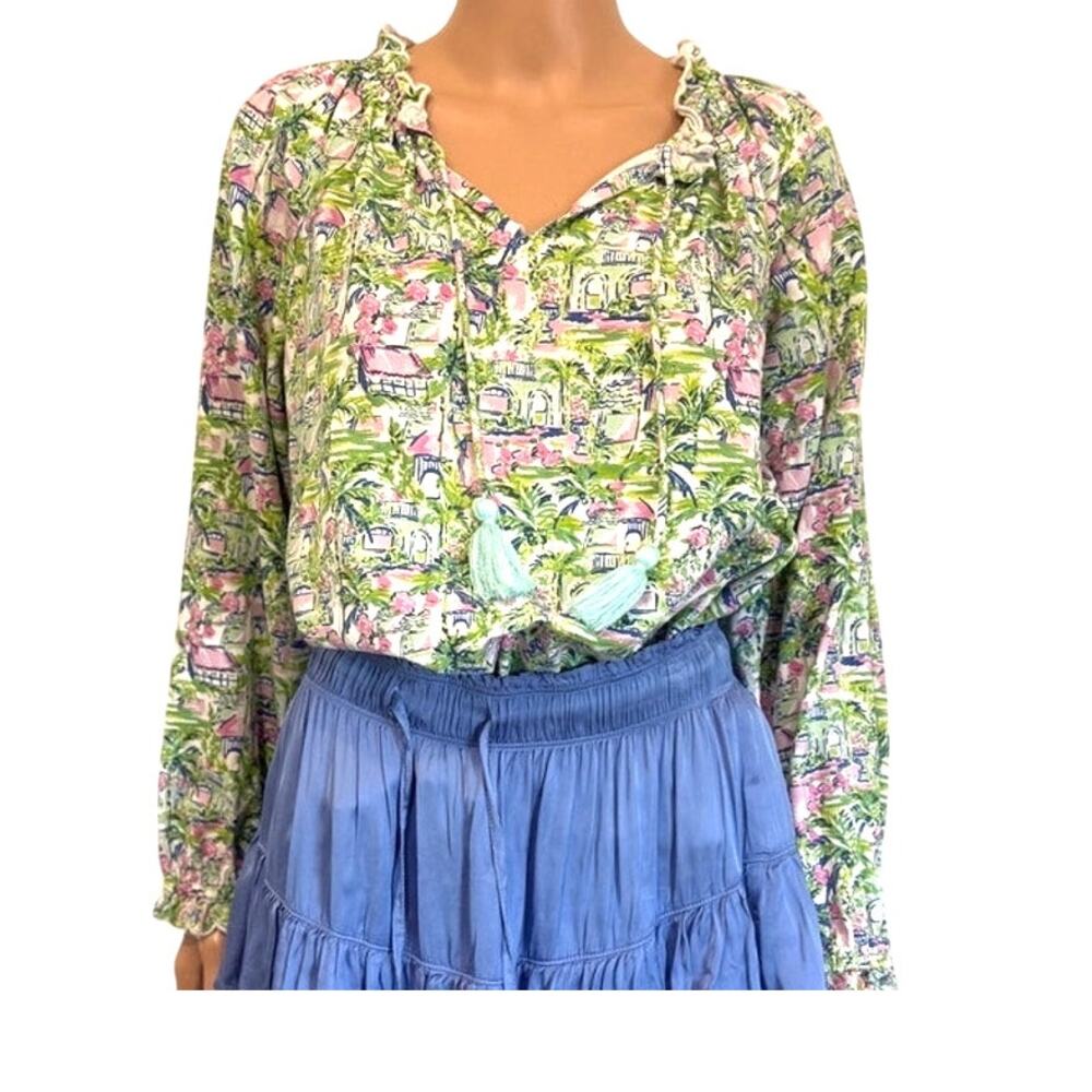 Stella Parker large tropical isle tie front peasant blouse top TLS1 3095